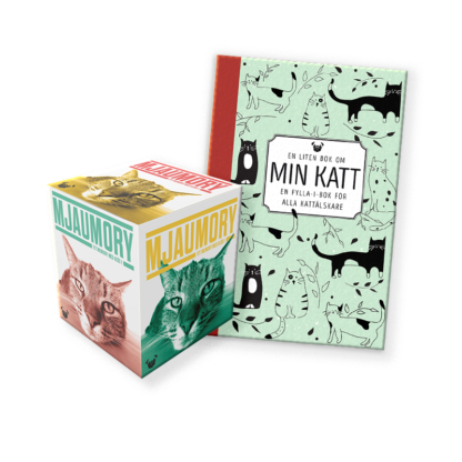 Produktbild på boken "En liten bok om min katt" och spelet "Mjaumory"